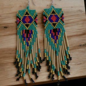Vintage Native American Western Hand Made Glass Seed Beed Fringe Earrings
